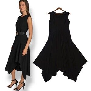 NEW DKNY Slinky Jersey Knit Handkerchief Hem Midi Dress in Black Size Medium
